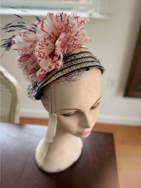 Grevi Pink Floral Feather Trimmed Pillbox Hat
